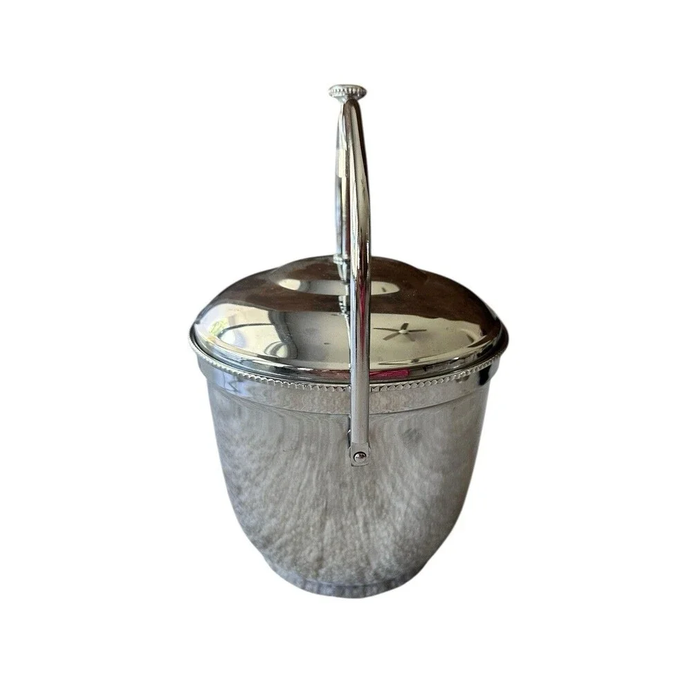 Vintage Silver Tone Ice Bucket MCM Champagne Cooler Lidded Swing Handle Bar